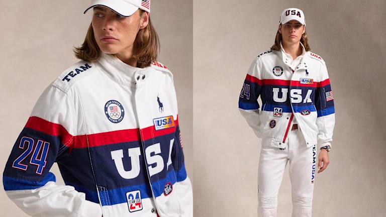 La tenue de style course est un hommage à l'amour de Ralph Lauren pour le sport automobile et sera portée lors de la cérémonie de clôture.