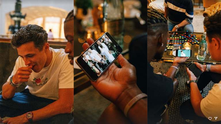 Ils sont comme nous : Lando Norris (à gauche) et Jimmy Butler regardent la victoire d'Alcaraz à Wimbledon sur un iPhone avant la finale de l'Euro 2024.
