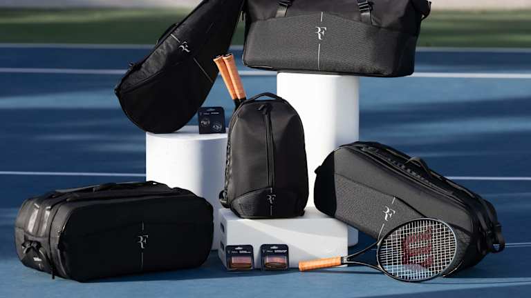 En plus des trois raquettes, la collection RF comprend des sacs, des poignées de rechange et un amortisseur.