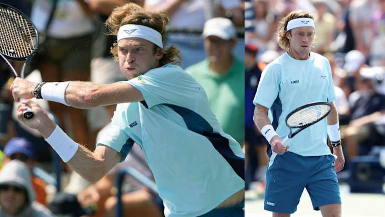 À l'US Open, Rublev porte les vêtements Free Motion de K-Swiss, arborant un logo Rublo relooké et son slogan emblématique « Play for the Kids, Play for the Light ».