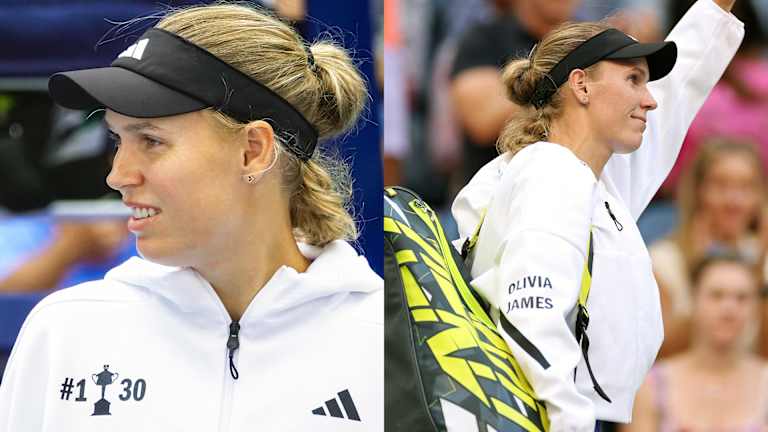 Le sweat à capuche d'échauffement de Wozniacki met en valeur les plus grands moments de sa carrière et comporte les noms de ses enfants, Olivia et James.