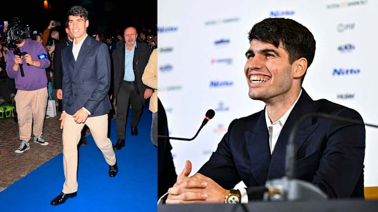 Carlos Alcaraz sur le tapis bleu des finales ATP lors de la journée des médias.