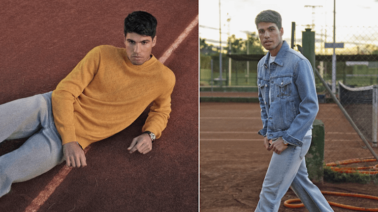 Alcaraz a été conçu par Caterina Ospina dans les pulls, le denim et une veste en cuir Louis Vuitton pour le tournage.