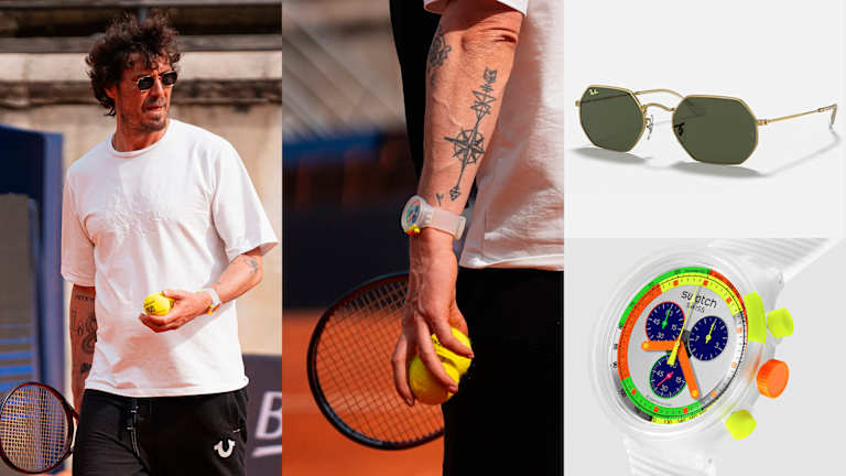 SAFIN a été vu lors d'une séance d'entraînement en train de secouer Ray-Ban octogonal des lunettes de soleil et une montre-bracelet à échantillon colorée.