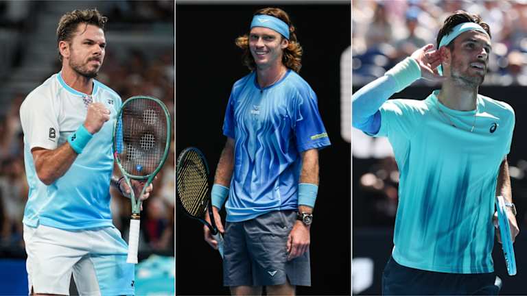 Stan Wawrinka en Yonex, Andrey Rublev en K-Swiss x Rublo et Lorenzo Musetti en Asics
