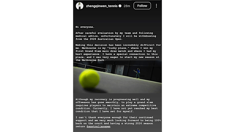 Déclaration complète de Zheng, publiée jeudi sur les réseaux sociaux (IG/@zhengqinwen_tennis).