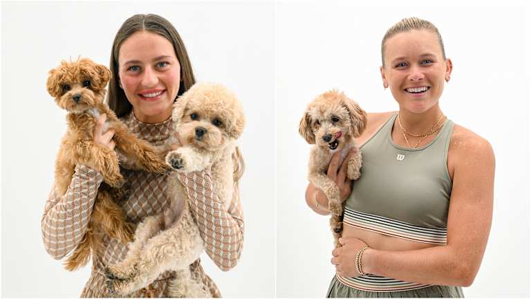 Des accessoires supplémentaires aux athlètes Wilson 360 Marta Kostyuk et Peyton Stearns pour avoir fourni à l'équipage des boosts de sérotonine après avoir amené leurs amis à quatre pattes.