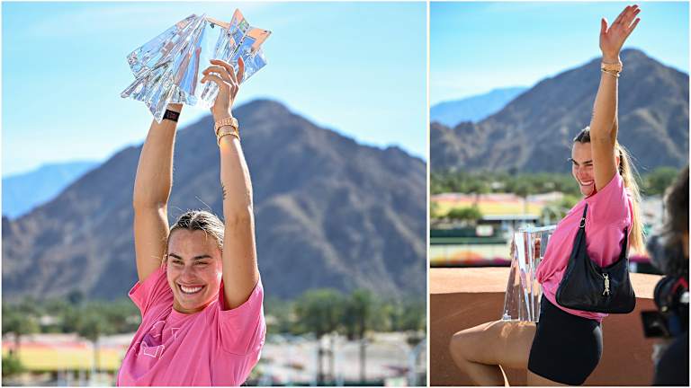Sabalenka n'a pas laissé la chaleur ou le poids du trophée l'empêcher de s'amuser avec le tournage.
