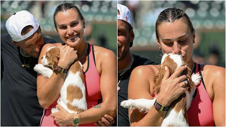 Ash est revenu pour les séances de photos d'équipe, avec le nouveau fiancé de Sabalenka, Georgios Frangulis.