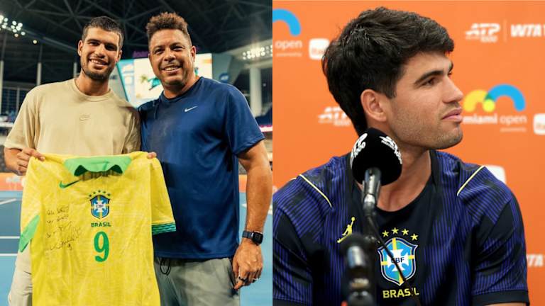 Photographié ici avec la légende du football Ronaldo, Alcaraz élargit sa collection de maillots du Brésil à Miami.