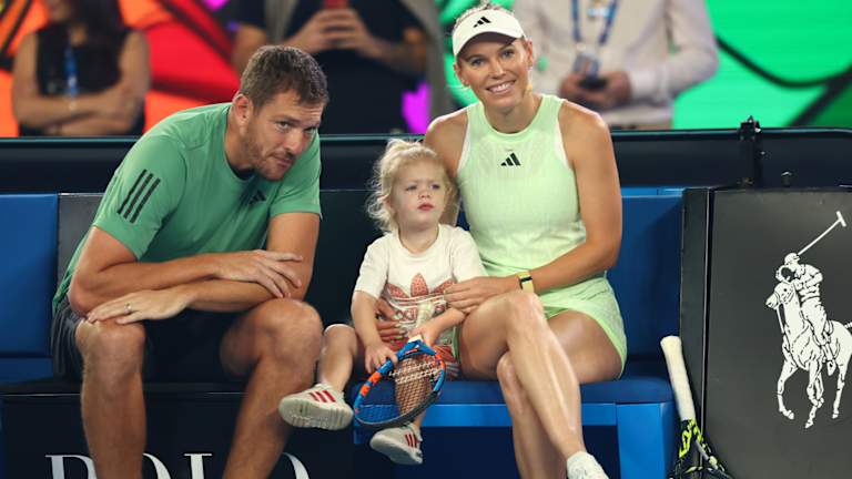 Caroline Wozniacki avec sa fille Olivia et son mari David Lee à l'Open d'Australie 2024.